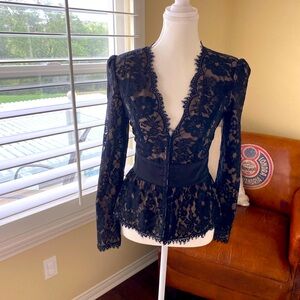 Boston Proper lace evening jacket. Elegant lace with plunge neckline.